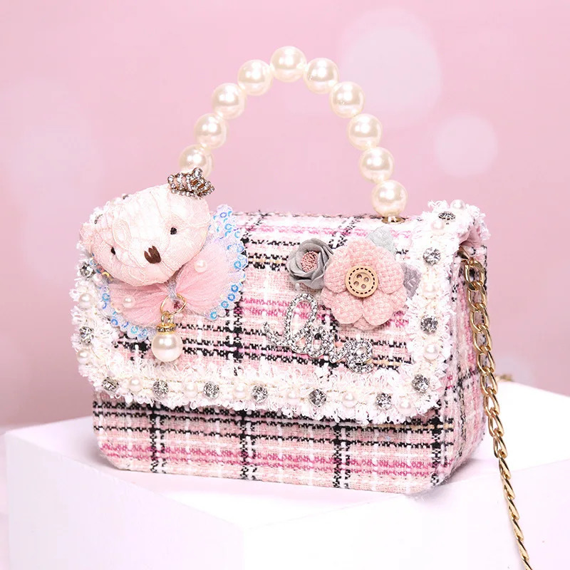 Girls bag fashion pearl handbag cute bear personality princess crossbody bag bags for girls bags 250219