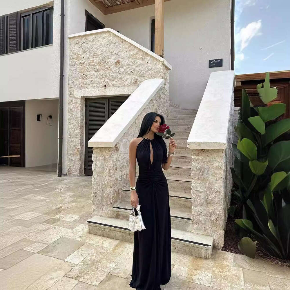 European and American summer women's sexy hollow out pleated slim fit long private dress hair replacement 2025 new style temperament chic elegant