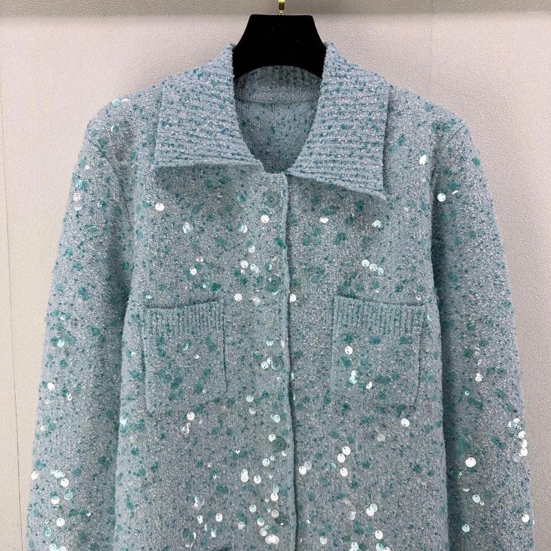 Womens Knits Retro Sequined Lapel Cardigan Knitted Top 2025 Spring Festival High-Quality Soft Comfortable Temperament Versatile