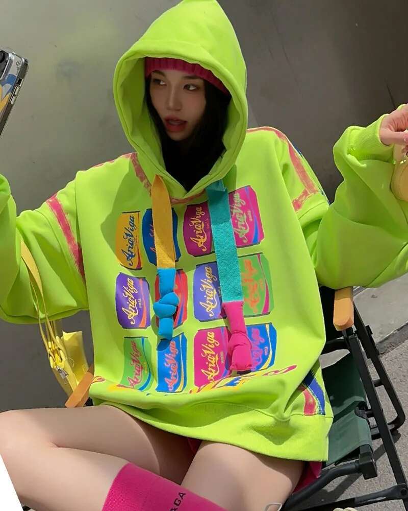 European Goods Graffiti Creative Design Oversized Hooded for Women 2024 Spring Autumn Mid-Length Sweatshirt Hoodie