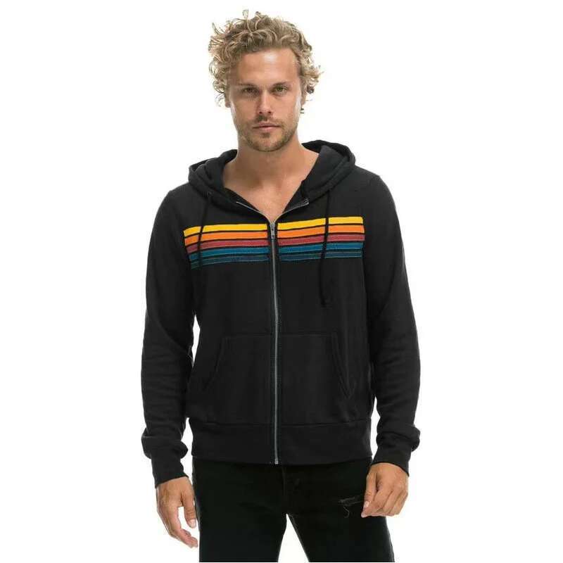 2025 Women Men Zipper Rainbow Long Sleeve Hooded Sweatershirt Haruku Elastic Hip Hop 5 Stripe Hoodies Jacket