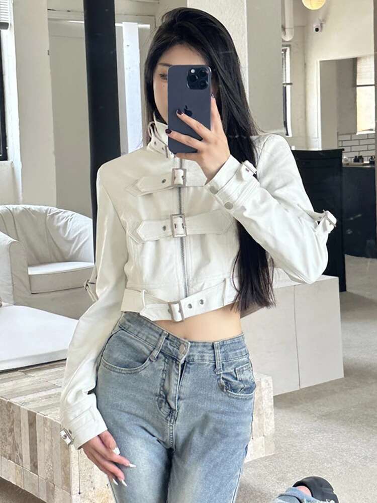 SONNEESD American Style Streetwear Haruku Zipper Full Sleeve PU Coat Vintage Locomotive Design Cowgirl Fashion Short Jacket
