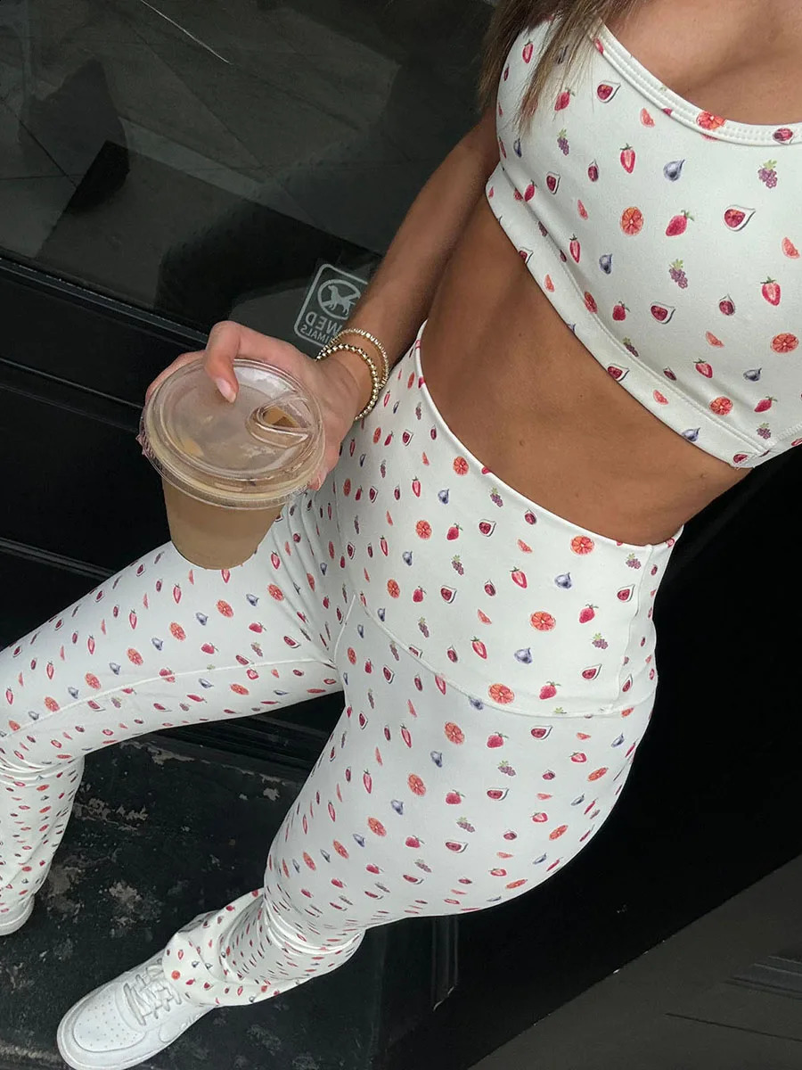 Womens Summer Yoga Sportswear Floral Print Cross Back Bra with Mid Rise Compression Leggings Set 250219