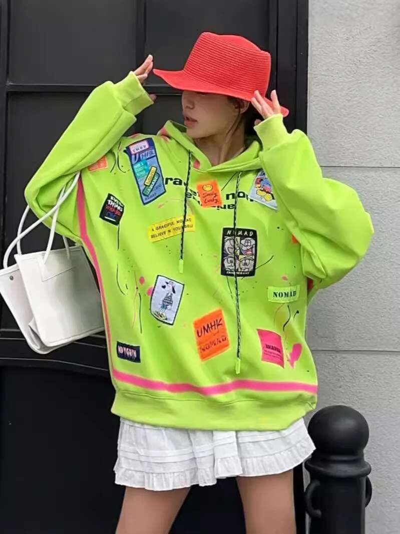 Heavy Embroidery Label Hooded Sweatshirt For Women, Niche Design, Graffiti-Style Loose Casual Tops And Coats