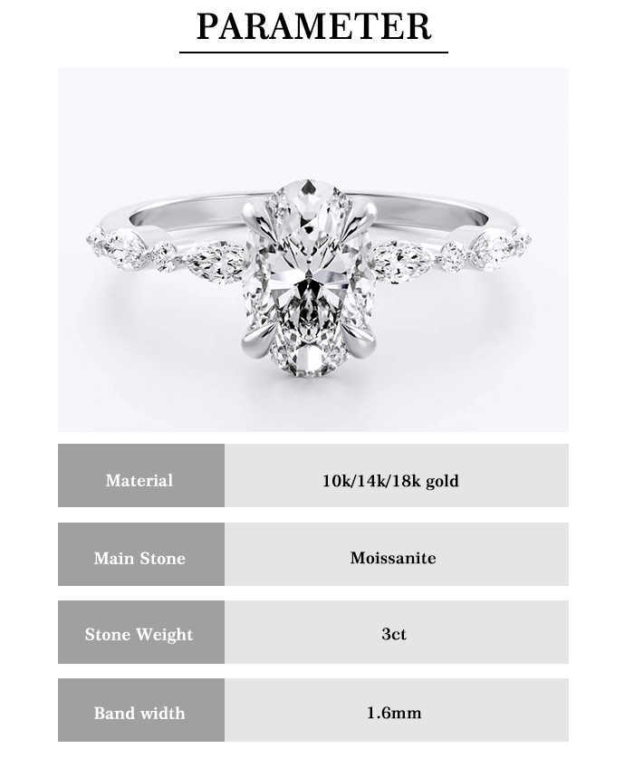 Luster Elegant 4 Prong Solitaire 3ct Oval Cut Moissanite 14K 18K Gold Half Eternity Bridal Moissanite Wedding Ring Set for Women