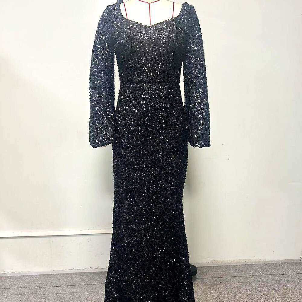Fashionable V-neck Bag Hip Glitter European and American Mid waist Horn Sleeve Long Evening Dress 2025 Versatile New Trendy Clothing Ins