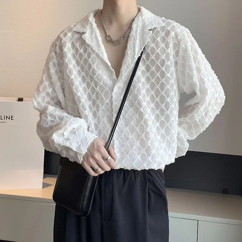 Autumn Mens Clothing Light Korean Dress Shirts Button-down Long Sleeve Solid Color Retro Hollow Out Leisure 250214