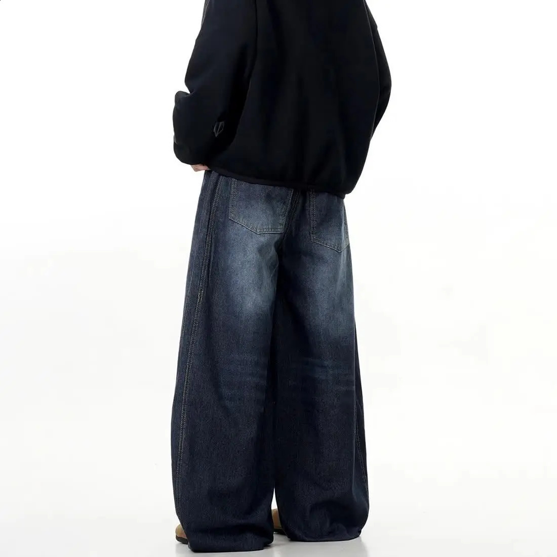 90s Retro Trend Washing Old Dark Blue Jeans Men Women Korean Version Loose Casual American Street Lovers Straight Wide-Leg Pants 250218