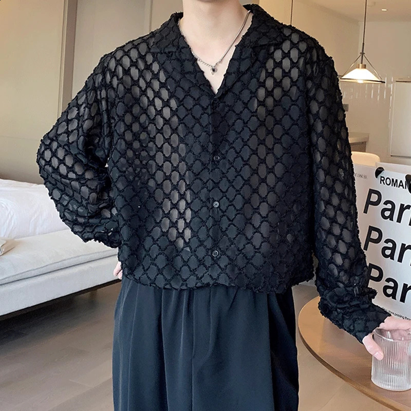 Autumn Mens Clothing Light Korean Dress Shirts Button-down Long Sleeve Solid Color Retro Hollow Out Leisure 250214