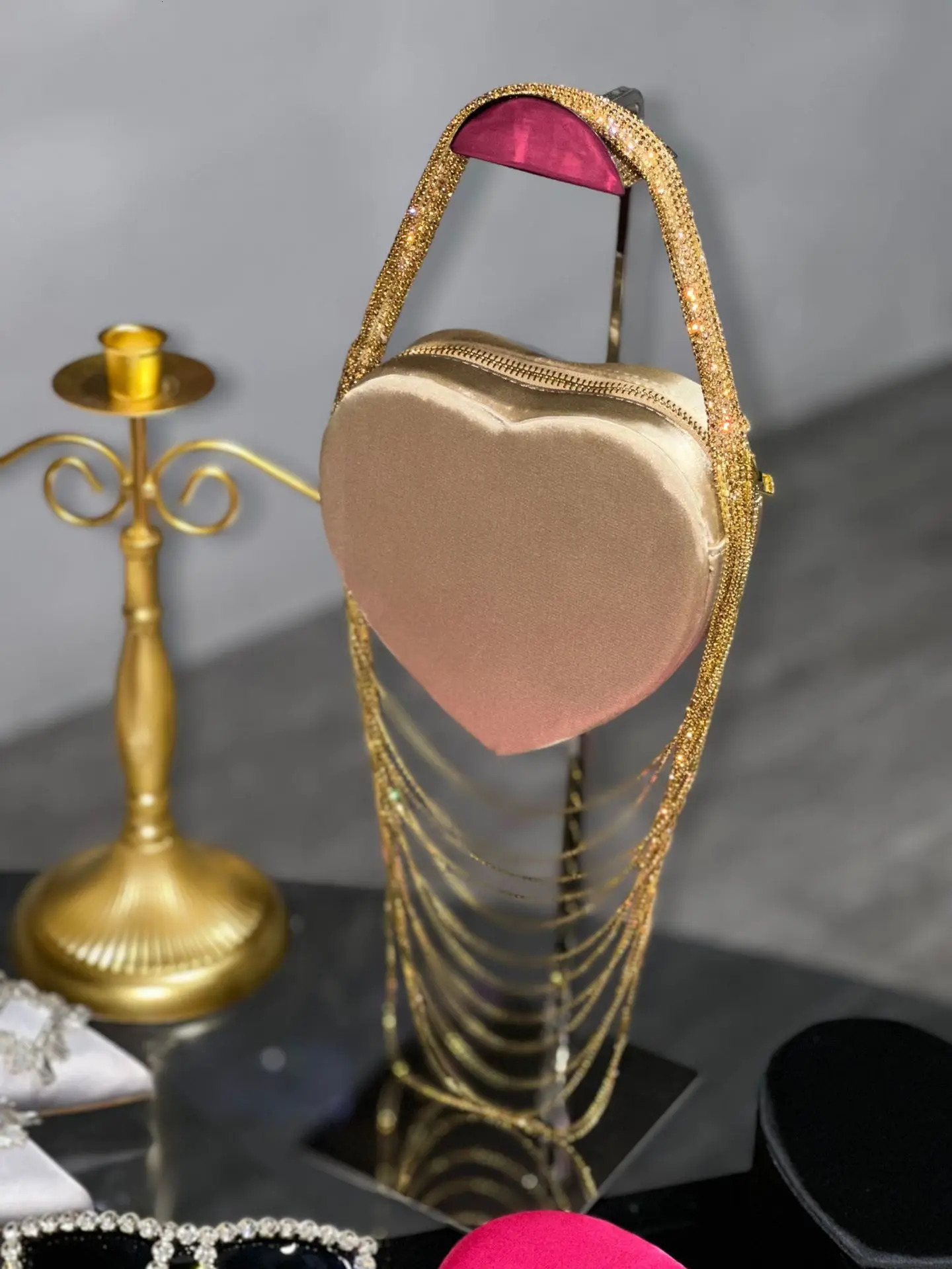 Tassel Heartshaped Silk Rhinestone Handbag Women Pink Love Shoulder Chain Crossbody Bag Fashion Evening 250218