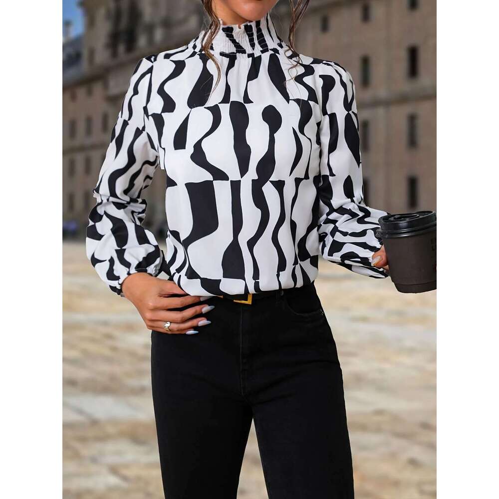 New Black Zebra Print Elegant Lantern Long Sleeve Shirt, Women's Wear
