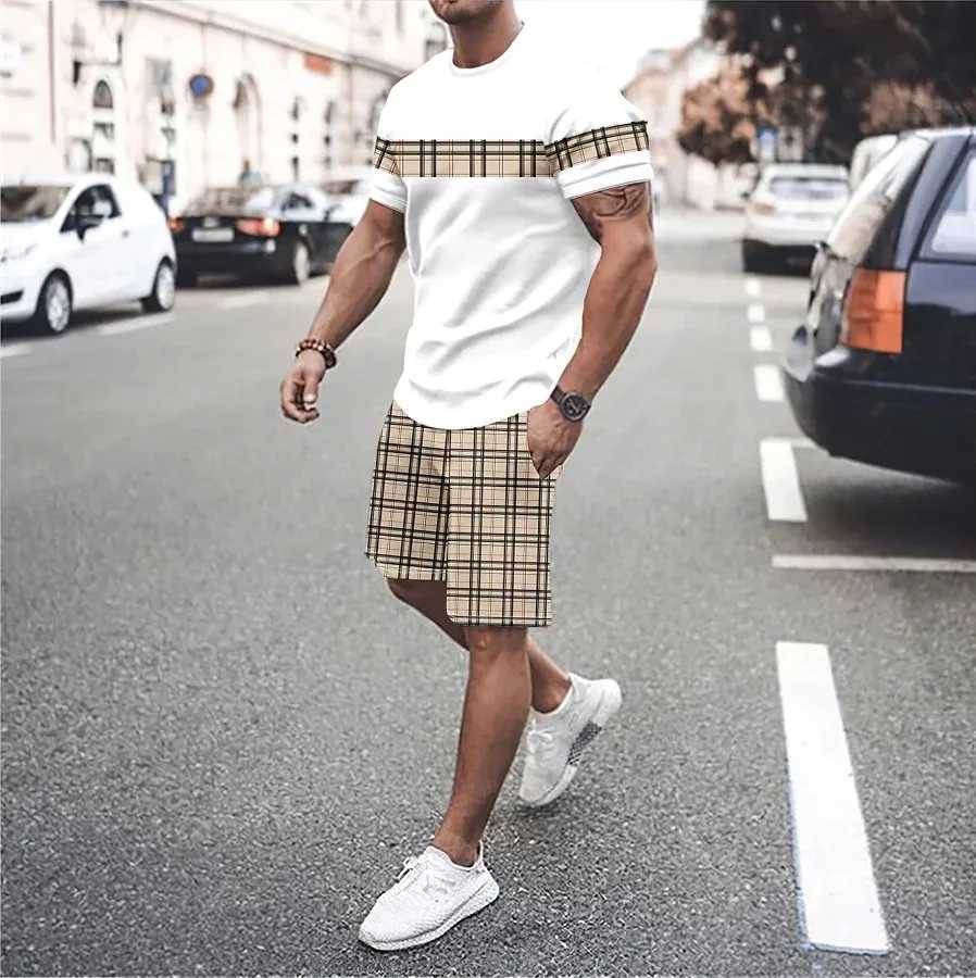 Summer vocation Mens Tshirt Set 3D Print Solid Color Men Round Neck T-Shirt Shorts Two Piece Set Casual Man Suits ClothingXJ250218