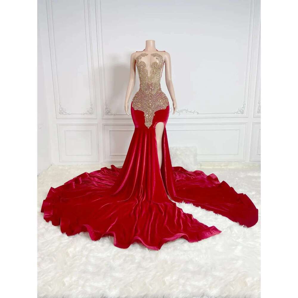 Slit Veet African American Long Prom Dresses For Black Girls Mermaid Sheer Beaded Crystals Women Party Evening Gown Customized
