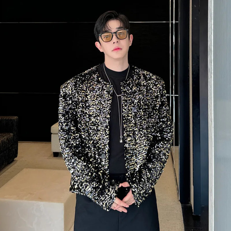 IEFB Niche n Mens Jackets Casual Collarless Sequins Single Breasted Tops Loose Solid Color Trend Male Short Coats 9C7940 250214