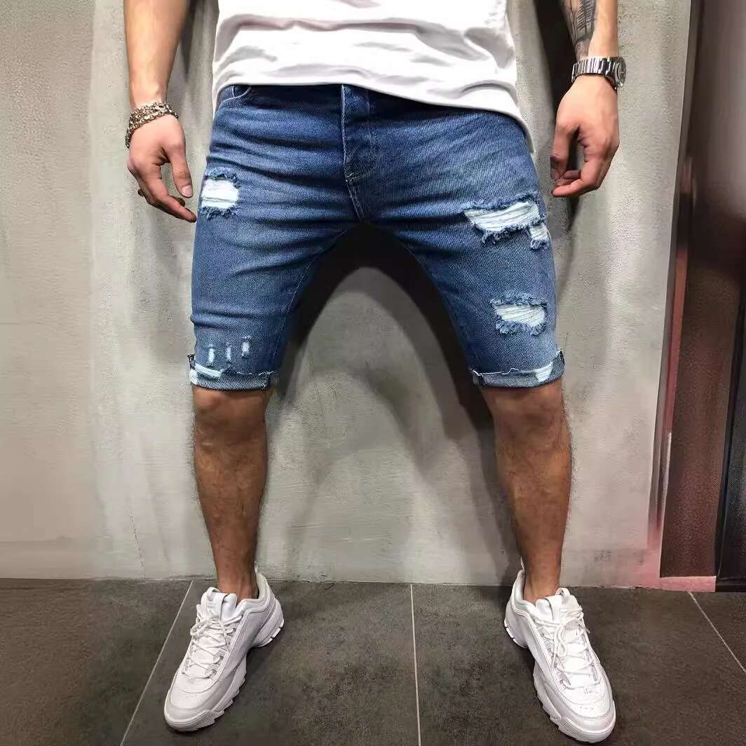 Summer New Jeans Tight Denim Shorts Suitable For Men's Designer Shorts Wearing Worn-out Torn Cat Whiskers Hip-hop Streetwear Shorts Men's Pa