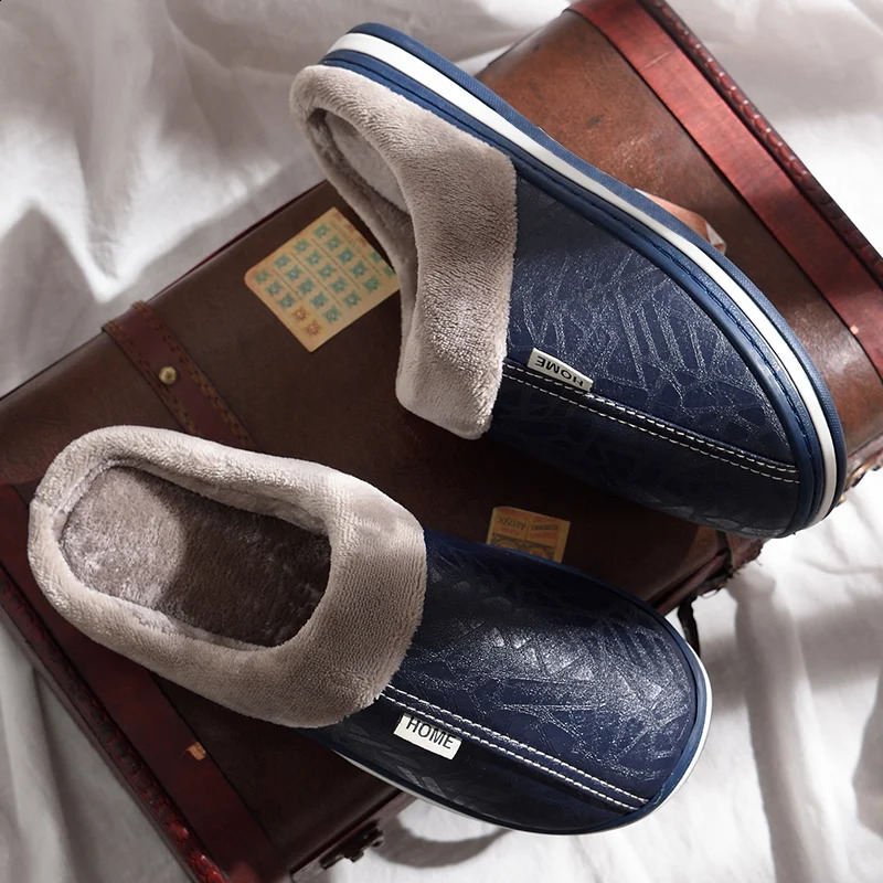 Mens Home Winter Indoor Warm Thick Bottom Plush Waterproof Leather House Man Slippers Cotton Flat Couple Shoes 250218