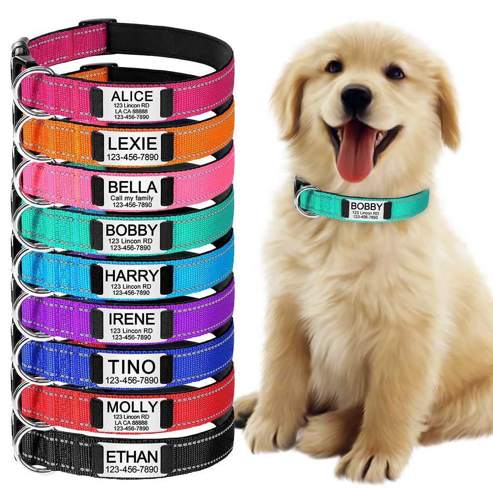 Adjustable Reflective Dog Collar Nylon Custom Name ID Tag Personized Luminous Puppy Gleamy Large Unisex Dog Collar W250219
