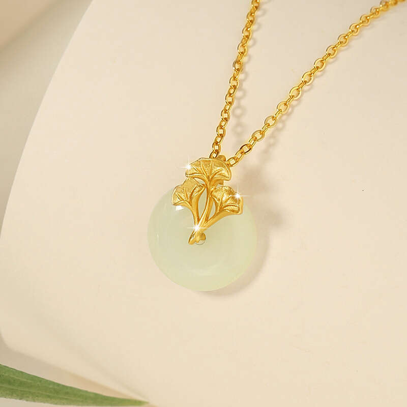 San Sheng Lucky Pure Sier Hotan Jade Necklace New Chinese Style Safety Buckle Bone Chain ins Ginkgo Leaf Pendant