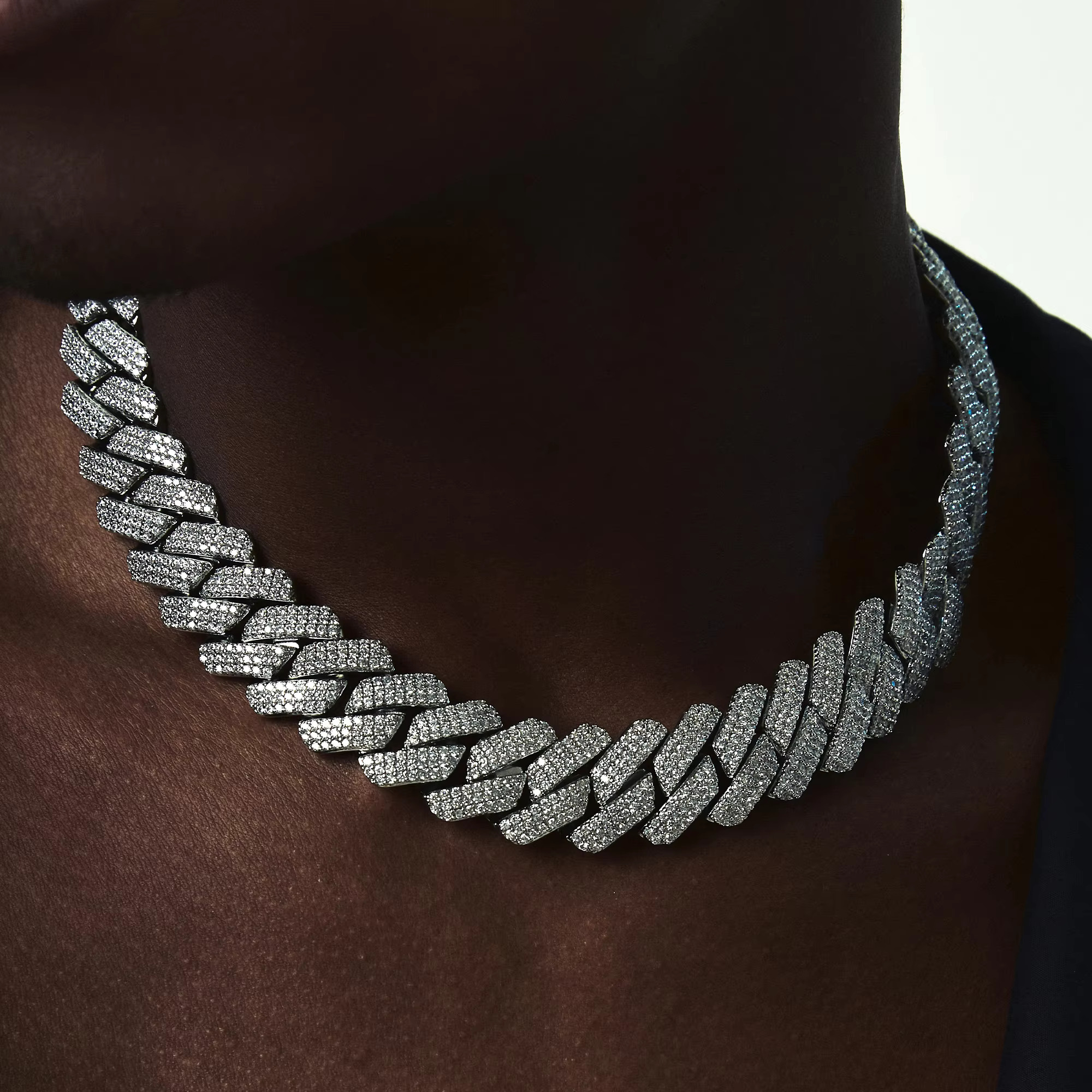 Hiphop 6mm Two-Row VVS Moissanite Dia S Sier Necklace With Iced Cuban Chain Mossanite Jewelry