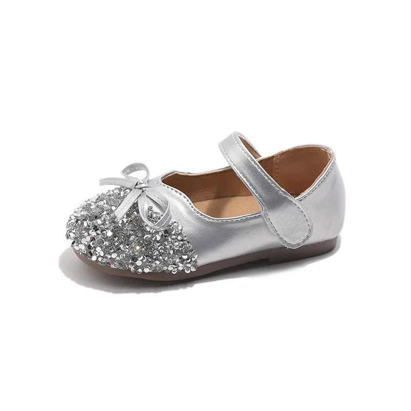 Kids Silver Ballet Shoes Sequins Versatile Girls Princess Leather Shoes Shallow Childrens Fashion Causal Flat Shoes Round-toe 250219