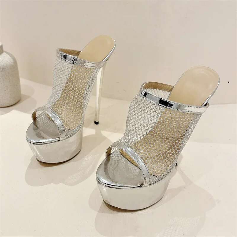 2025 New Design Mesh Fabric Sexy Women Slippers Platform Peep Toe Nightclub Stiletto High Heels Gold Sier Female Shoes