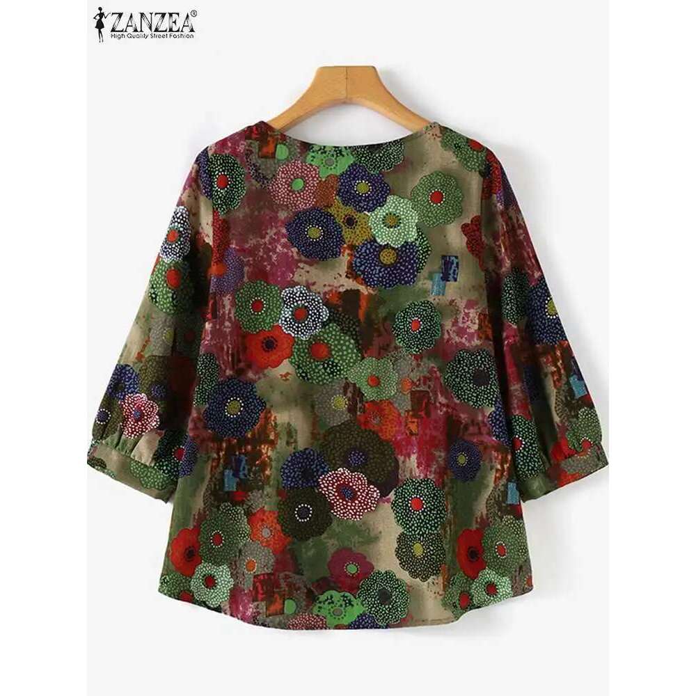 ZANZEA Women Long Sleeve Blouse 2024 Autumn Retro Ral Print Shirts Vintage Office Lady Cotton Chemise Holiday Round Neck Tops