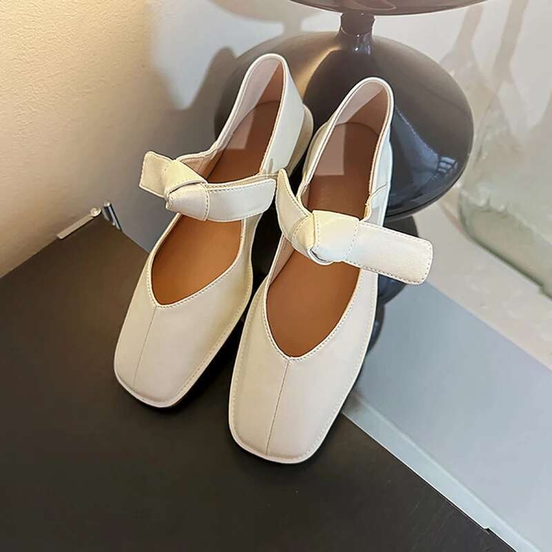Genuine leather square toe women mary janes bowknot flats