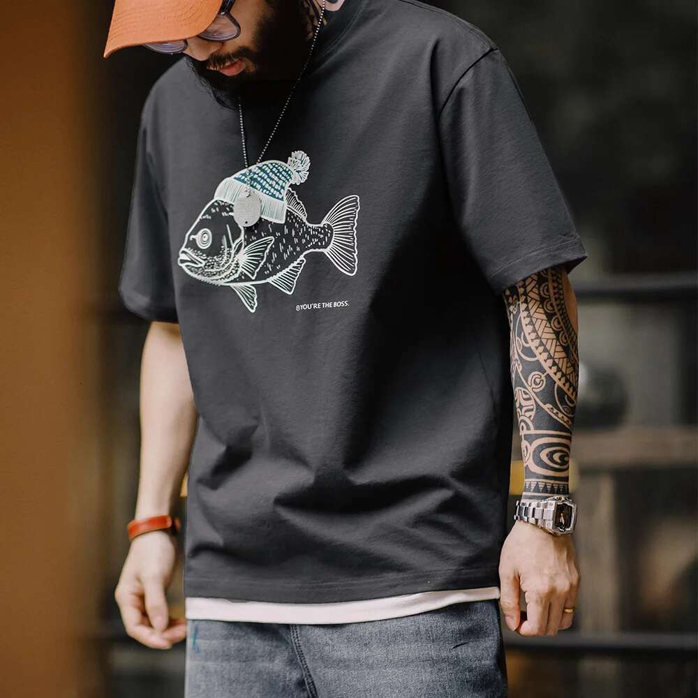Retro Deep Sea Fish Cked Print T-Shirt Animal Pattern Round Neck Short-Sleeved Tops For Men's Summer Tee