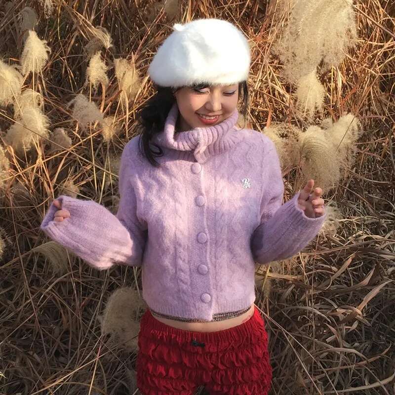 Karrram Japanese Y2k Turtleneck Cardigans Vintage Korean Style Knitted Sweater 2000s Aesthetics Pink Winter Knitwear Haruku