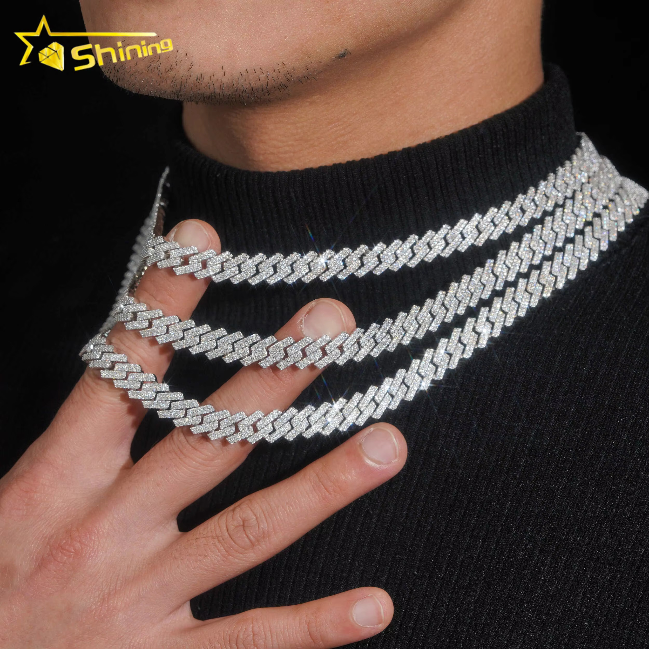 Stocks 10MM Necklace Sterg Sier Gold Plated Hip Hop Jewelry VVS D Color Moissanite Cuban k Chain