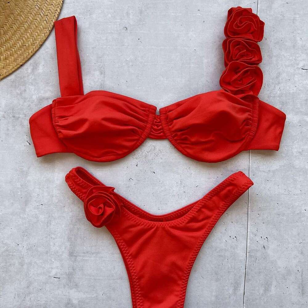 bikini European and American solid color steel holder three-dimensional wer split women's swimsuit swimsuit, 2025 temperament versatile new trend