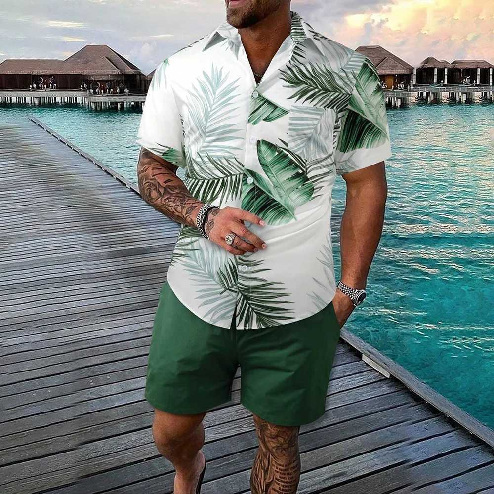 Hawaiian Palm Leaf Print Mens Shirt And Shorts 2 Piece Set Casual Vacation Mens Shirt Suit Clothing Short Sleeve Button ShirtsXJ250218