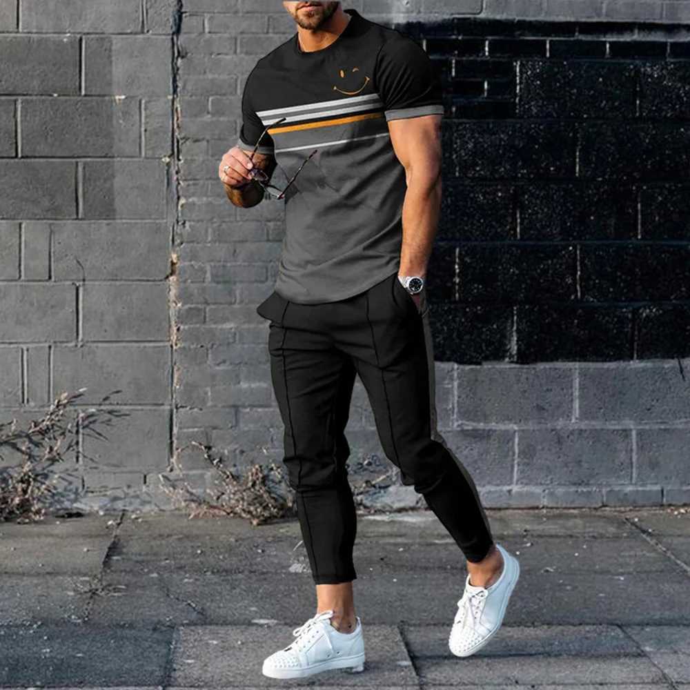 Fashion Colorful Blocks 3D Print Men Sportswear Set Short-Sleeved T Shirt Pants 2-Piece Set Oversized Pullover Men ClothingXJ250218