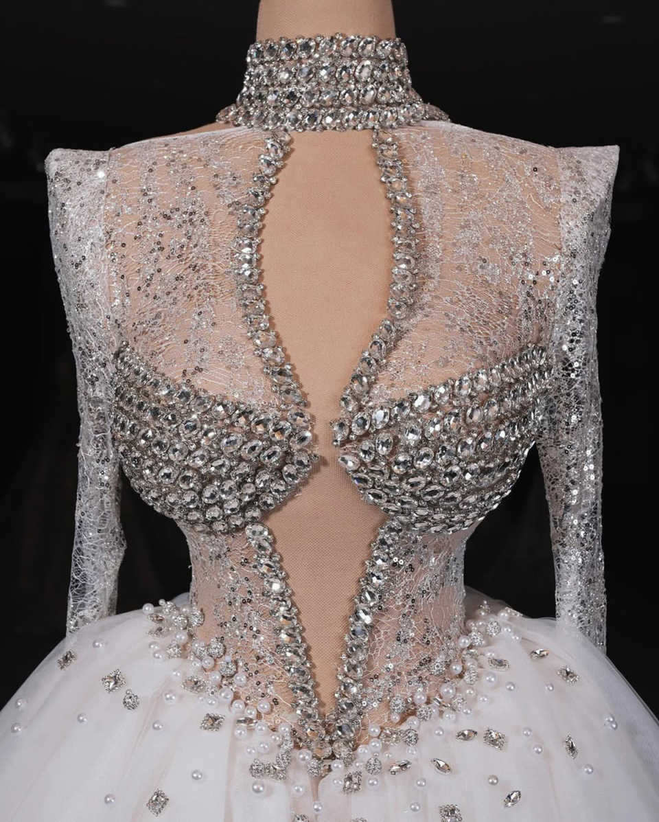 Sparkly Evening Mini Dresses For Women High Collar Long Sleeves Gown Sequins Crystal Pearls Short Customized Dress