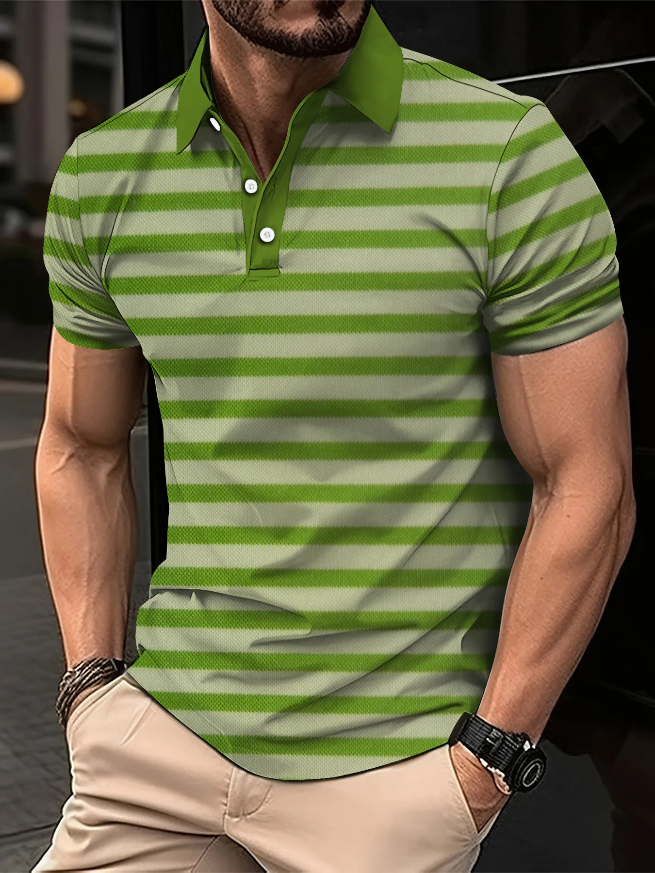 Mens Summer Short Clothes Sleeved Lapel 3D Digital Printed Striped Polo Shirt Mans Business Casual Top Oversized 250213