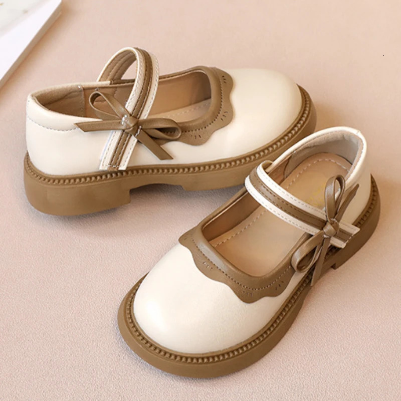 Autumn Girl Leather Shoes Bowtie Black Beige School Causal Children Flat Elegant Round Toe Fashion Patchwork Kids Mary Janes 250219