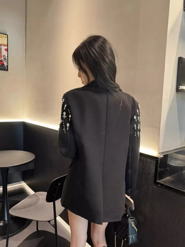 Autumn Women Diamonds Beading Loose Fit Mid Long Blazer Suit Coat Office Ladies Work Tops Boyfriend Style Party Jacket 250213