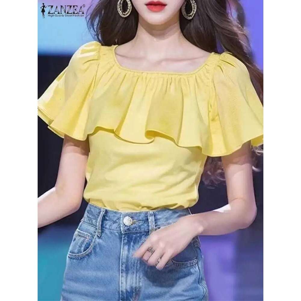ZANZEA Women Ruffled Ing Blouse 2024 Summer Short Sleeve Shirts Fashion Holiday O-Neck Casual Loose Solid Color Tops