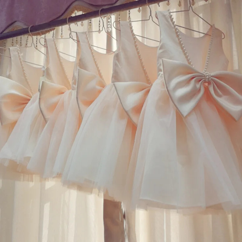 Backless Cute Kids Princess Dress Sleeveless Pearls Elegant Girls Birthday Party Dress Flower Girls Dress for Wedding Tutu Gown 250218