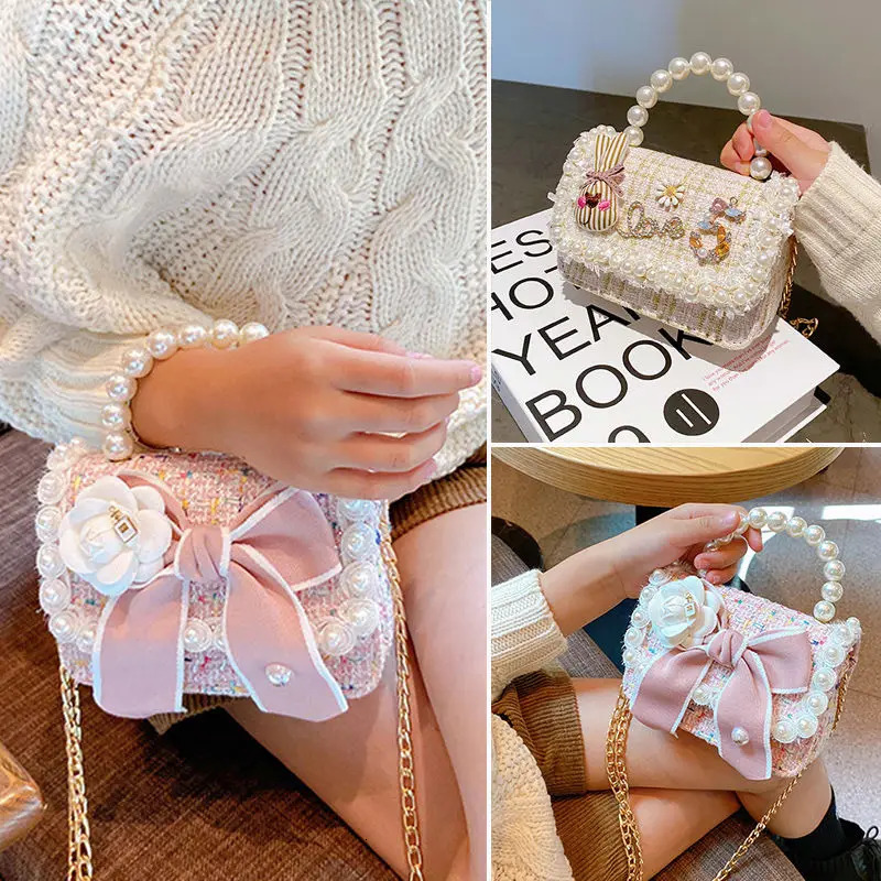 Girls Crossbody Bag Flower Pearl Handbag Bow-knot Rabbit Shoulder Pocket Coin Purse Kids Princess Messenger Bag Birthday Gift 250219