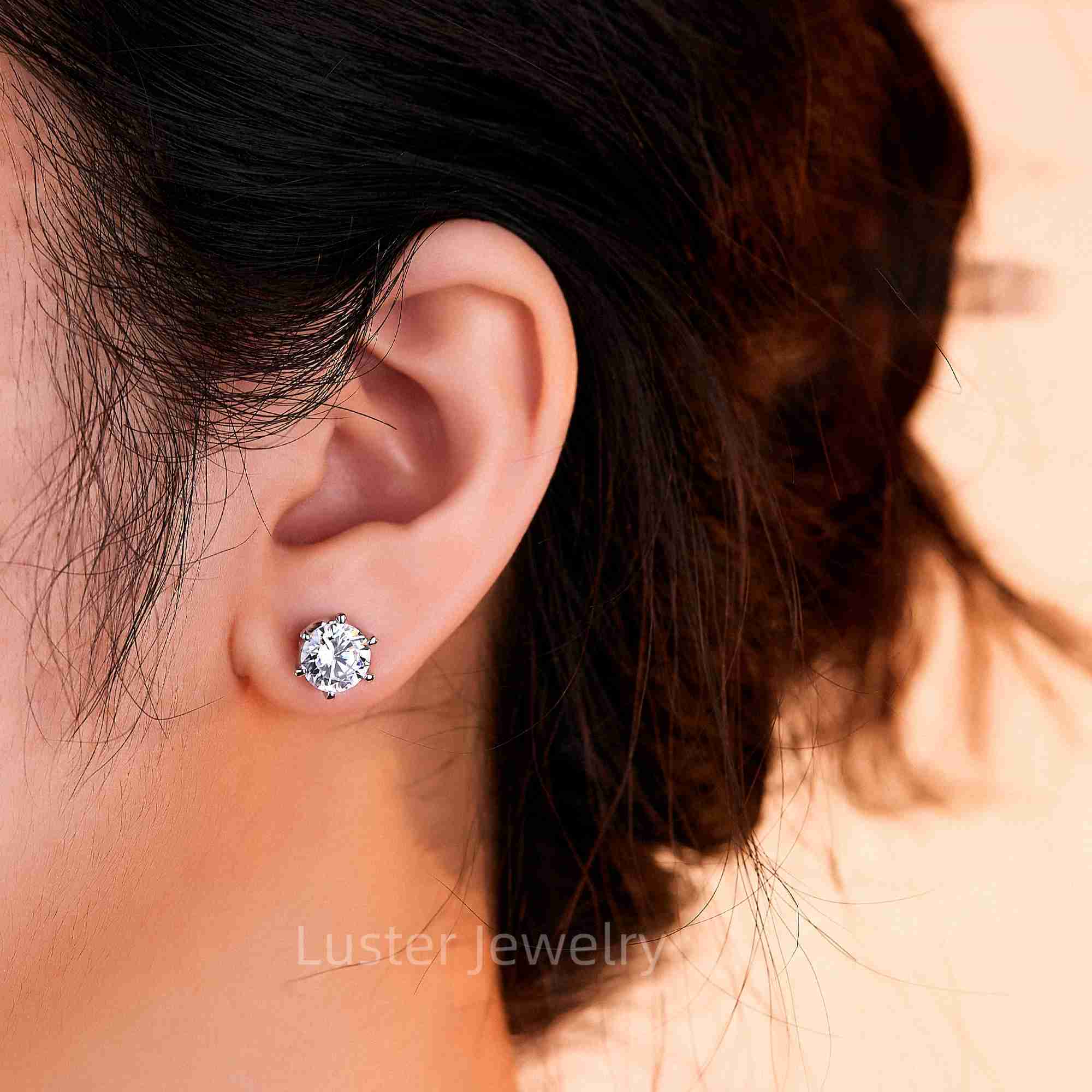 Luster Bling High Quality 925 Silver Six Prong Setting 6.5mm/5mm Round Shape Women Moissanite Stud Earrings for Girls