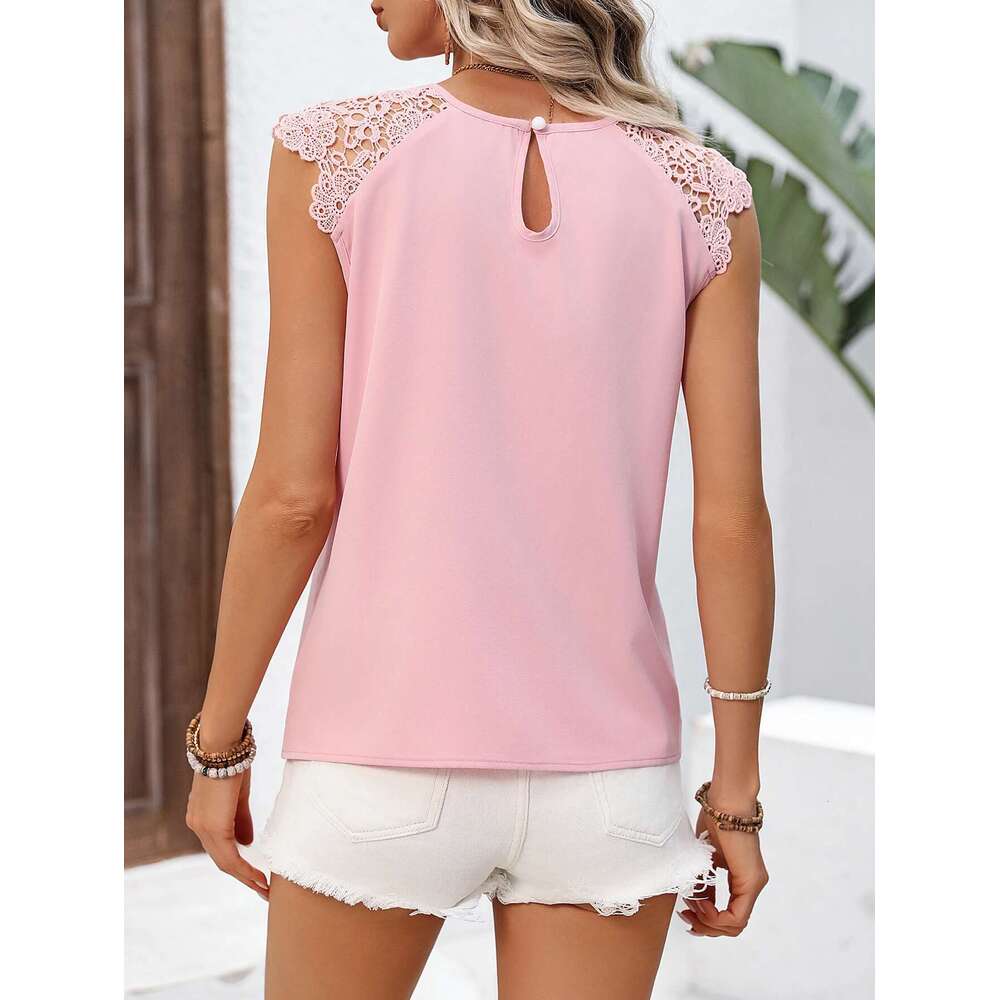 European And American Women's Fashionable, Elegant, Sweet Pleated Round Neck Hollowed Out Off Shoulder Shirt