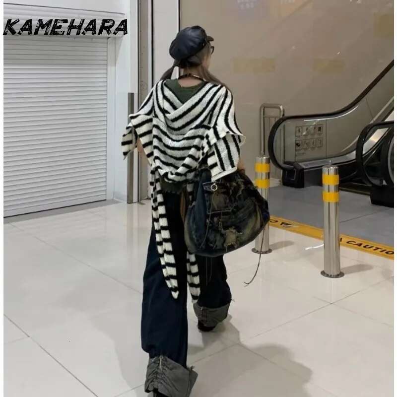 KAMEHARA Japanese Y2k Hooded Cardigan 2000s Aesthetics Rabbit Ears Zipper Knitwear Vintage Haruku Red Stripe Sweater Grunge