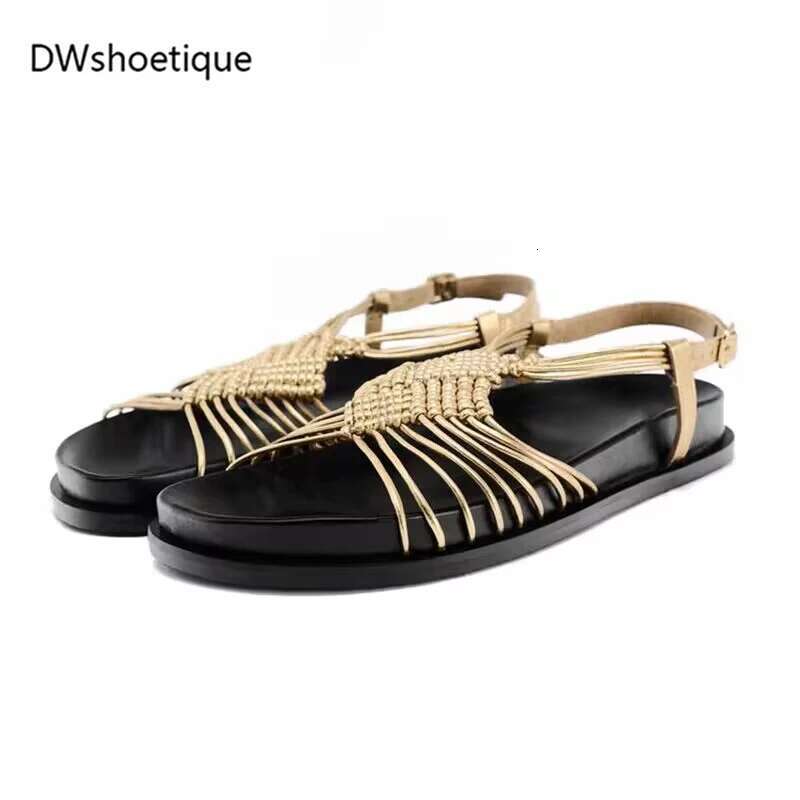 Summer woven beach women sandals buckle strap slides