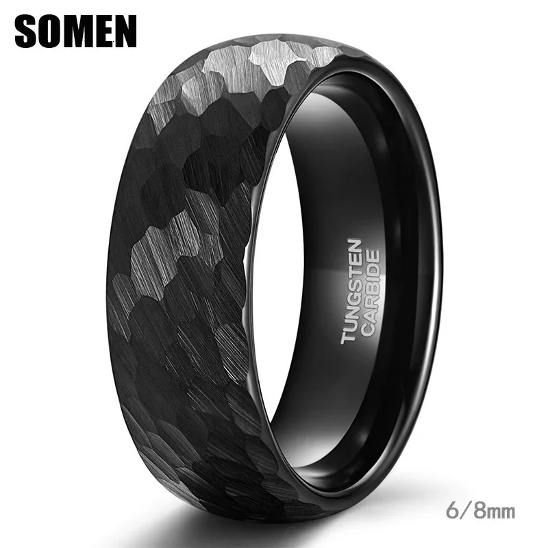 Somen 6/8mm Black Hammer Pattern Tungsten Carbide Brushed Ring 250213