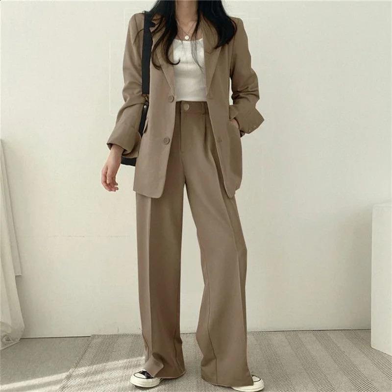Summer Pink Jacket Blazer Casual Wide Leg Pants Two Piece Set Elegant Womens Pants Suit Office Set 250218