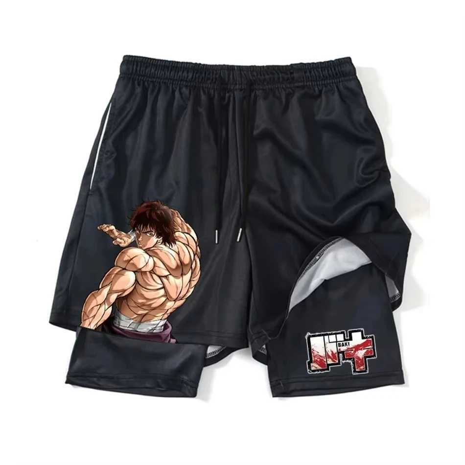 Anime Hanma Baki Gym Shorts Black for Men 2 In Mesh Quick Dry Board Shorts Mens Bodybuilding Fitness Running Short Pants Summer W250219