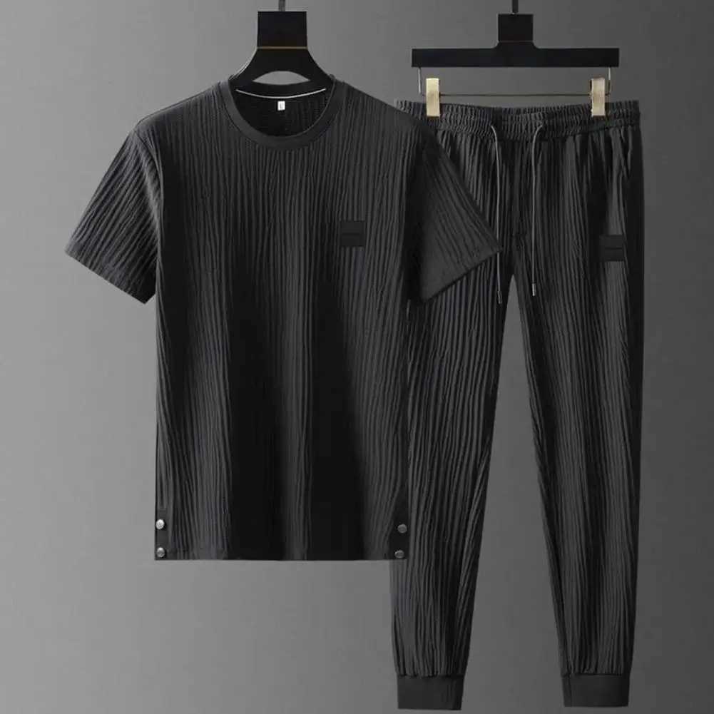 Men Outfit Mens Summer Pleated Tracksuit Set Soft Breathable Shirt Pants Two-piece Casual Sports Suit for Daily Wear High IceXJ250218