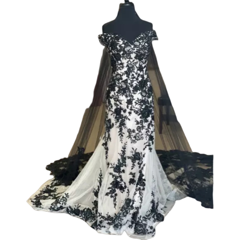 Black And White Mermaid Wedding Dresses With Long Veil Lace Appliques Gothic Bridal Gown Off Shoulder Vintage Bride Dress Vestido De Novia