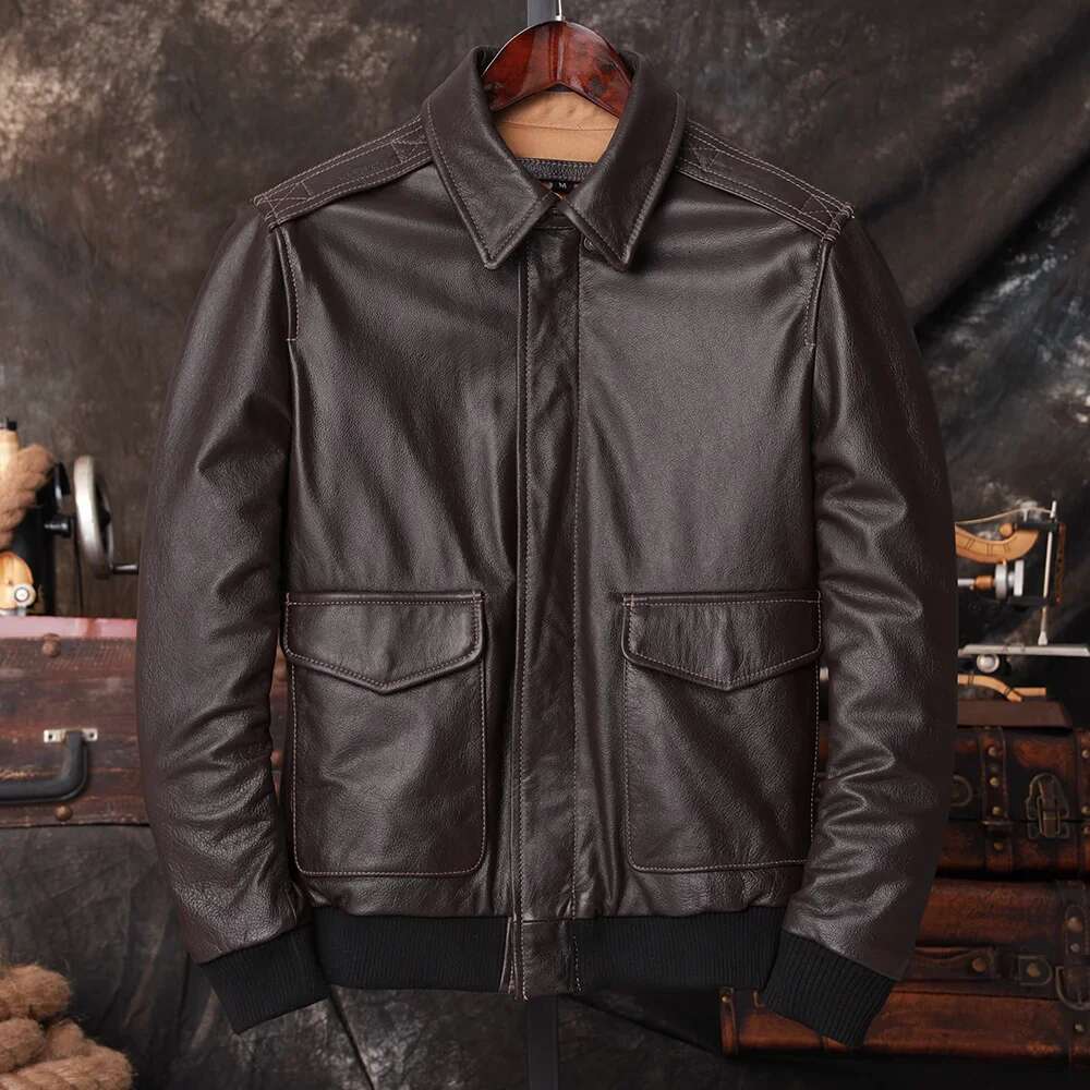 Bomber A2 Pilot Genuine Jacket Men Warm 100% Cow Leather Air Force Coat Dark Brown Men's Cowhide Motorcycle Jackets